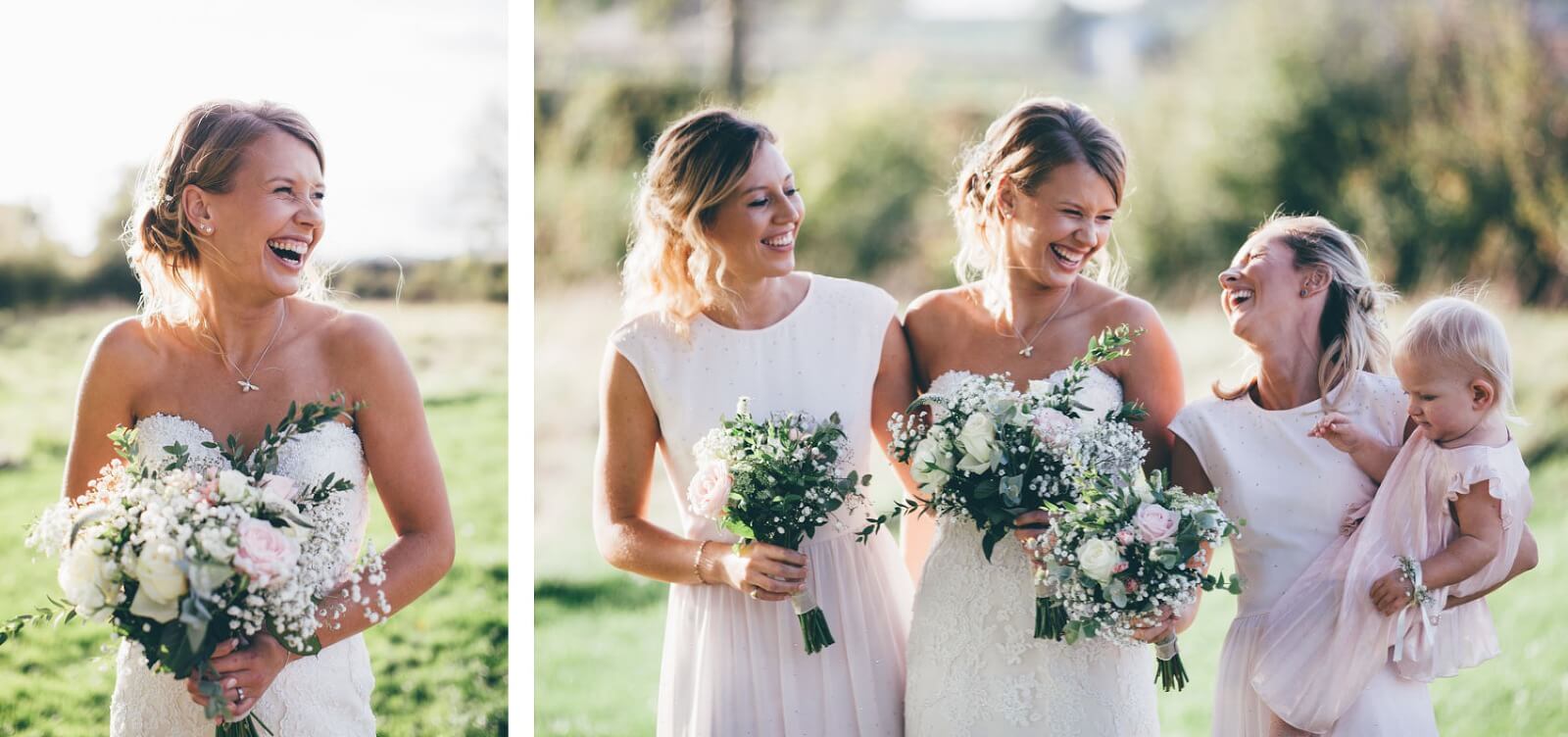 Bride and bridesmaids with bouquets at Bridge House Barn Leicestershire